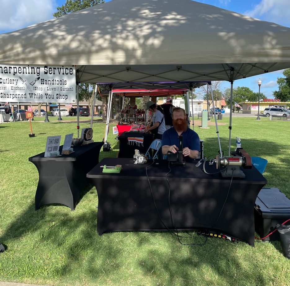 Leach's Sharpening Service booth at the Downtown Sanger Farmers Market